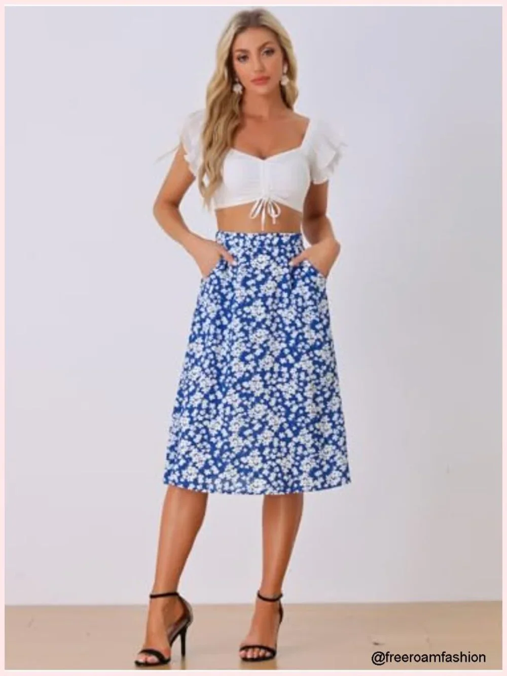 Floral A-Line Midi Skirt with Pockets High Waisted Chiffon Flowy Spring Summer
